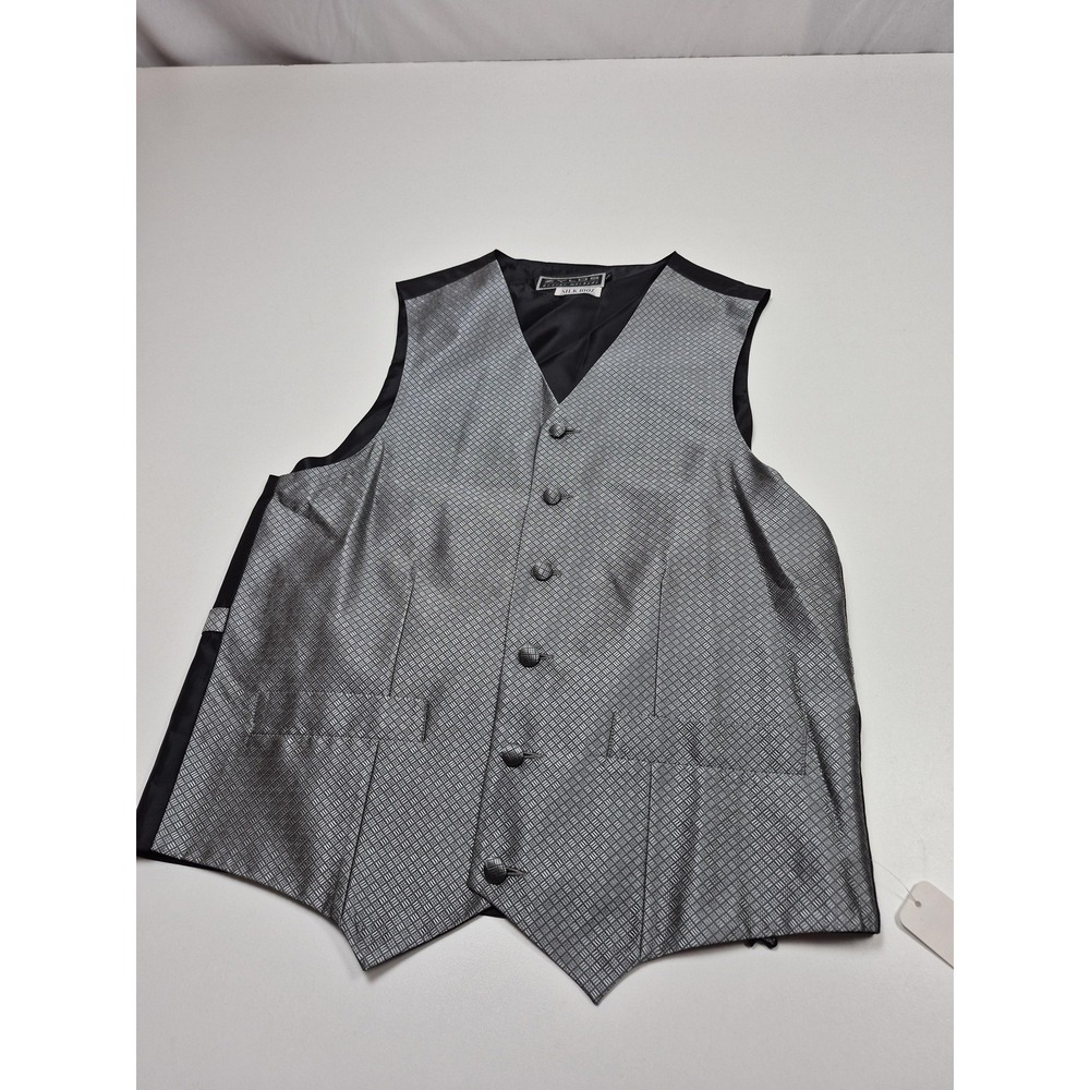 Zylos Vest Mens Small Silver 100% Silk Geometric Tuxedo Bow Tie Formal Wedding